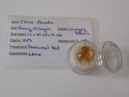 Yellow Citrine Rectangle - 12mm by 10mm - 4.58 ct